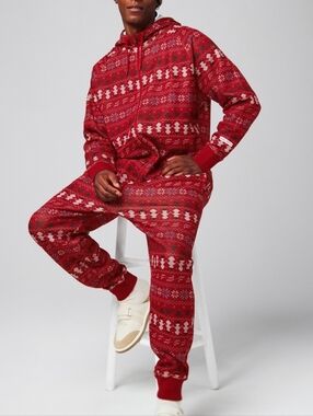 Fabletics The Go-To Fleece Hooded Onesie - Holly Berry Intarsia Fairisle Size M